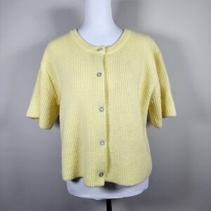 Yellow Knit Cardigan Sweater Womens Small Pastel Short Sleeve Button Up Soft Top